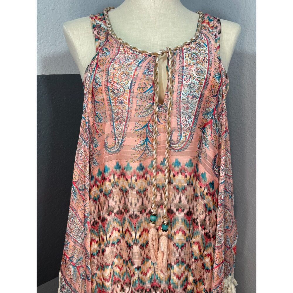 Casting Paris Tunic Top Large Pink Paisley Crochet Fringe L Coverup - Picture 4 of 10